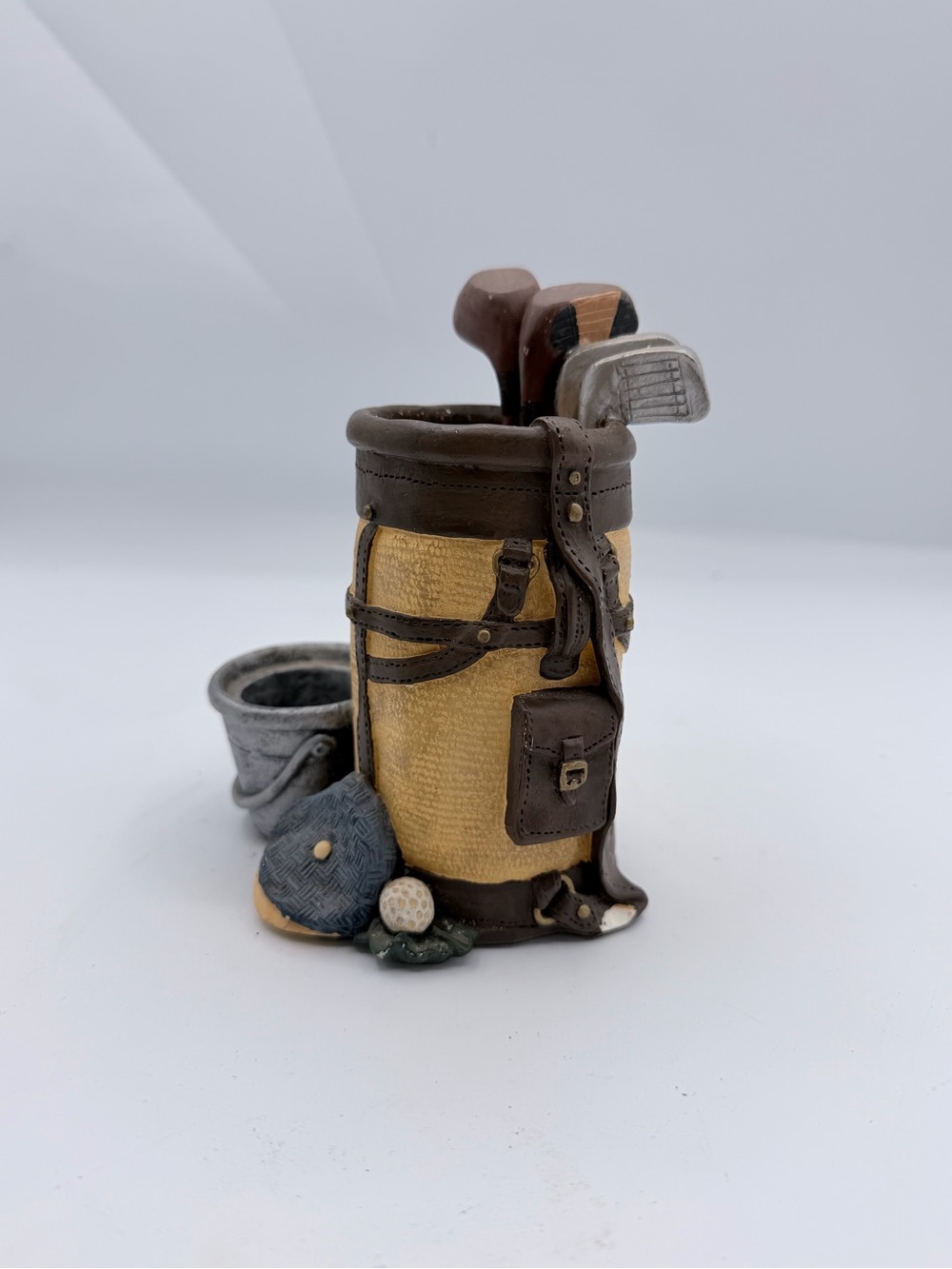 Miniature Resin Golf Bag Figurine 7in w/ Clubs, Bucket & Ball Beige Brown
